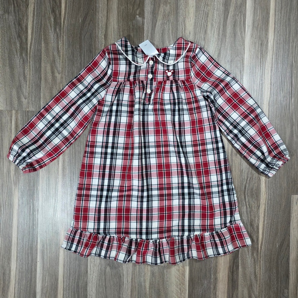Disney‎ Kids Red Plaid Mickey Mouse Nightgown Collar Ruffle Hem Size 5/6